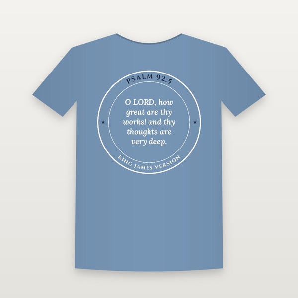 Psalm 92:5 KJV Christian Youth Tee (Round Badge) - Heather Blue