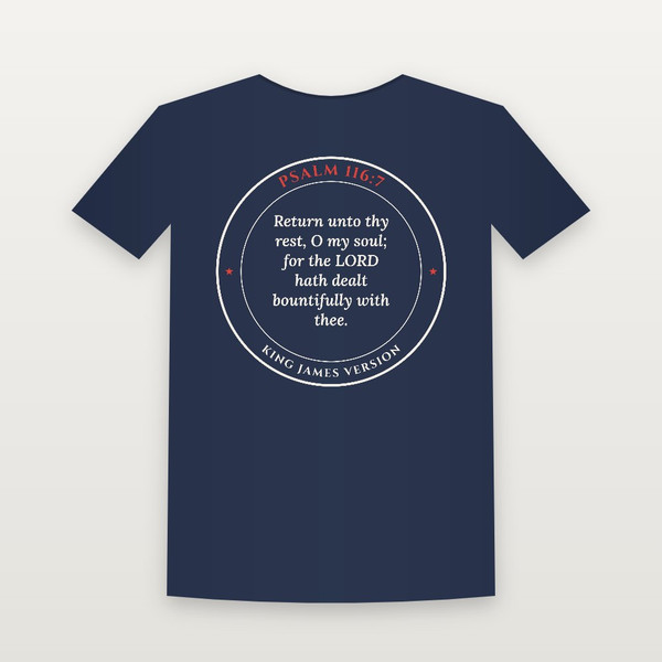 Psalm 116:7 KJV Christian Youth Tee (Round Badge) - Navy