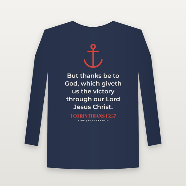 1 Corinthians 15:57 KJV Christian Youth Long Sleeve Tee (Anchor) - Navy