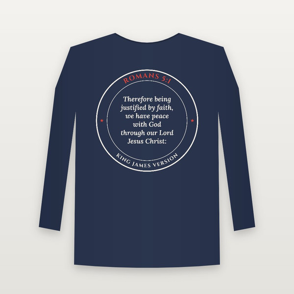 Romans 5:1 KJV Christian Youth Long Sleeve Tee (Round Badge) - Navy