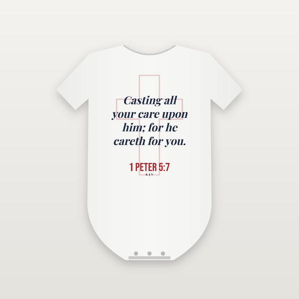 1 Peter 5:7 KJV Christian Baby Bodysuit (Cross) - White