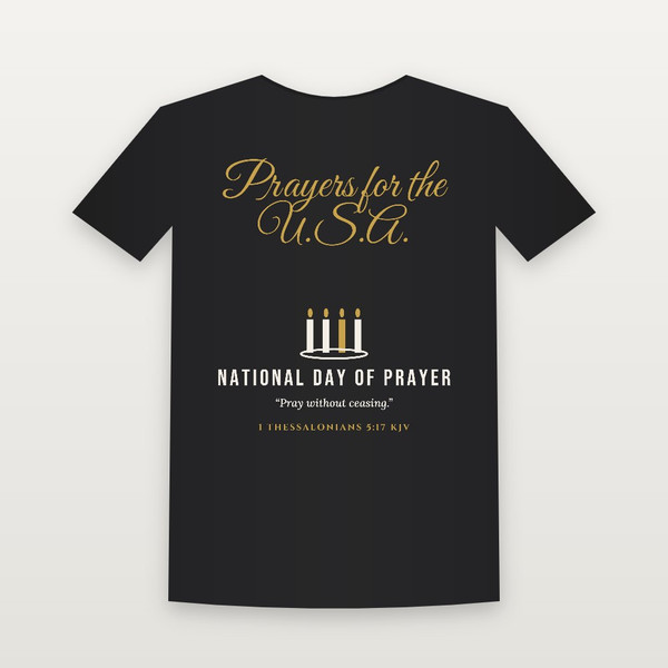 Prayers for the U.S.A. National Day of Prayer Christian Short Sleeve Tee with 1 Thessalonians 5:17 (Holiday Script) - Black