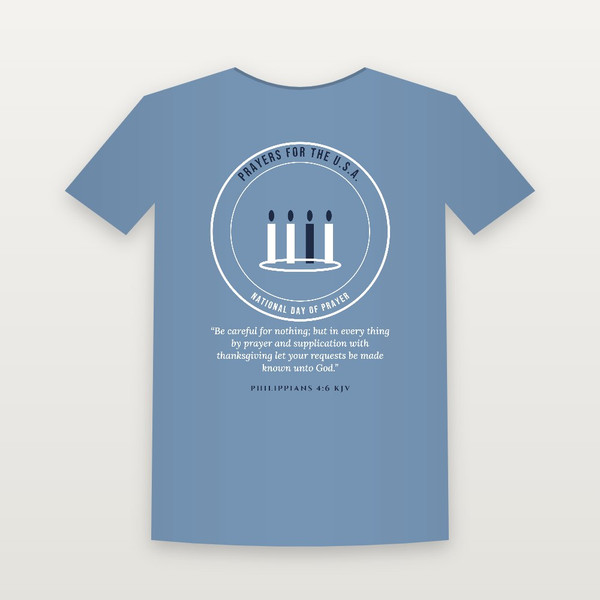 Prayers for the U.S.A. National Day of Prayer Christian Short Sleeve Tee with Philippians 4:6 (Emblem Badge) - Heather Blue