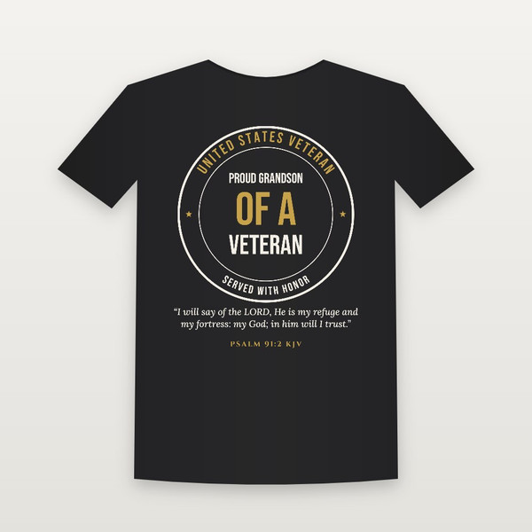 Proud Grandson of a Veteran Short Sleeve Tee with Psalm 91:2 (Badge) - Black