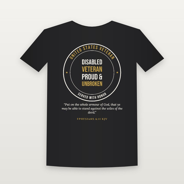 Disabled Veteran · Proud & Unbroken Short Sleeve Tee with Ephesians 6:11 (Badge) - Black