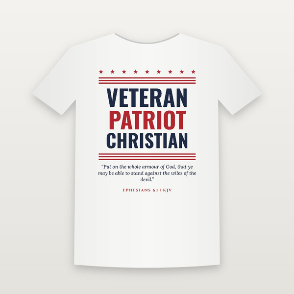 Veteran · Patriot · Christian Short Sleeve Tee with Ephesians 6:11 (Stars & Stripes) - White