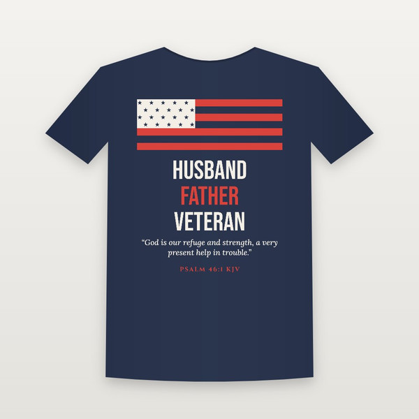 Husband · Father · Veteran Short Sleeve Tee with Psalm 46:1 (Flag) - Navy