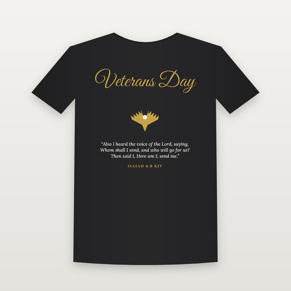Veterans Day Christian Short Sleeve Tee with Isaiah 6:8 (Holiday Script) - Black