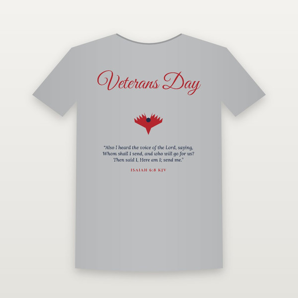 Veterans Day Christian Short Sleeve Tee with Isaiah 6:8 (Holiday Script) - Heather Gray