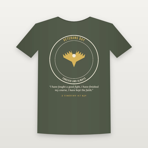 Veterans Day Christian Short Sleeve Tee with 2 Timothy 4:7 (Emblem Badge) - Military Green