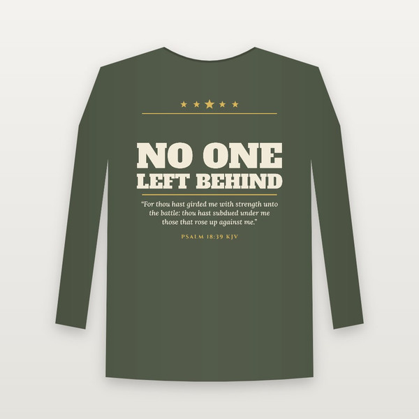No One Left Behind Veteran Long Sleeve Tee with Psalm 18:39 (Star Banner) - Military Green