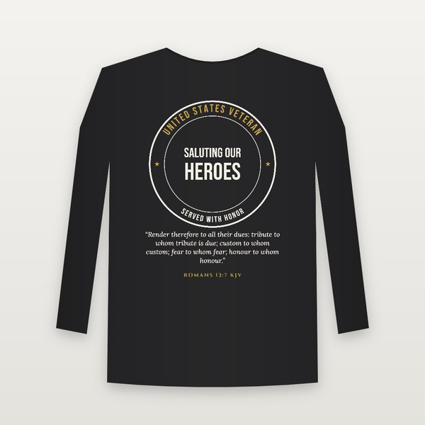 Saluting Our Heroes Veteran Long Sleeve Tee with Romans 13:7 (Badge) - Black