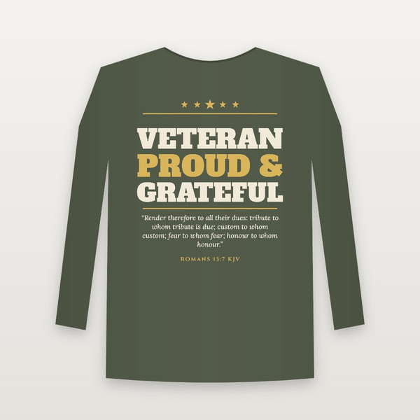 Veteran · Proud & Grateful Long Sleeve Tee with Romans 13:7 (Star Banner) - Military Green