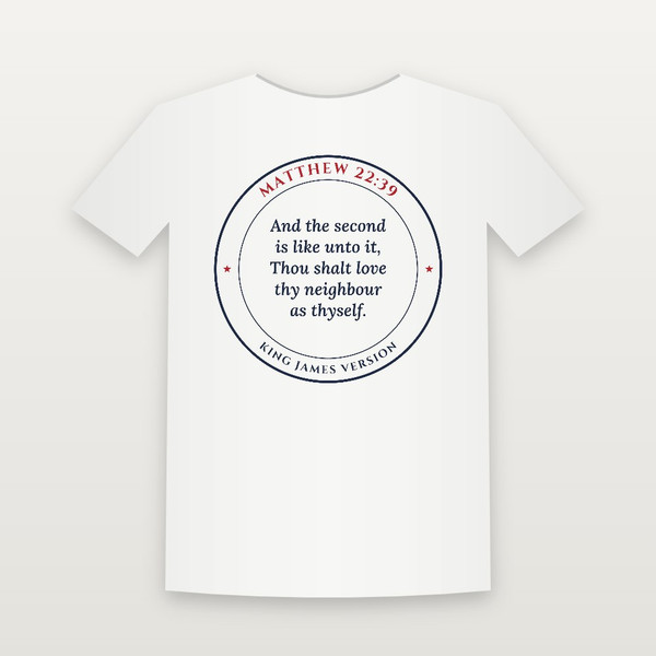Matthew 22:39 KJV Christian T-Shirt (Round Badge) - White