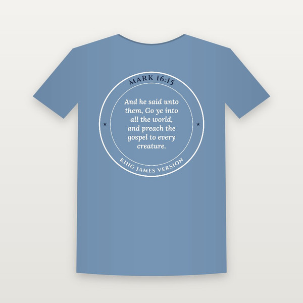 Mark 16:15 KJV Christian T-Shirt (Round Badge) - Heather Blue