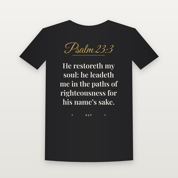 Psalm 23:3 KJV Christian T-Shirt (Script) - Black