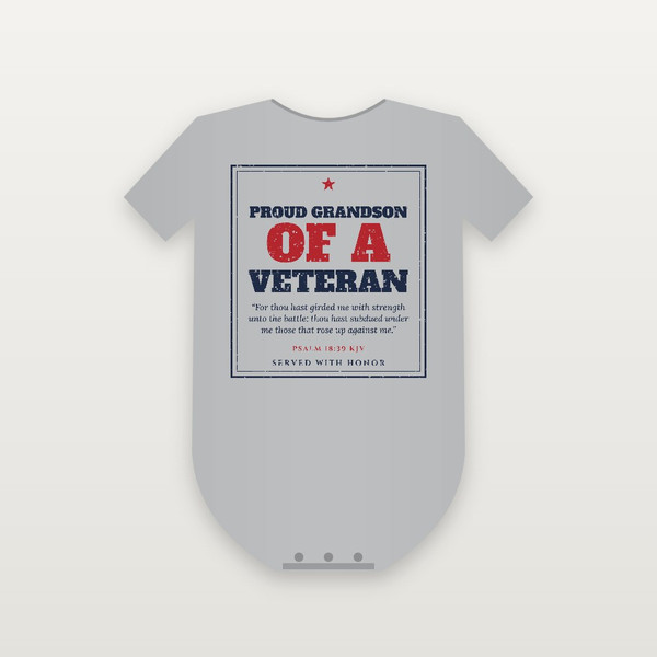 Proud Grandson of a Veteran Baby One Piece with Psalm 18:39 (Vintage Frame) - Heather Gray