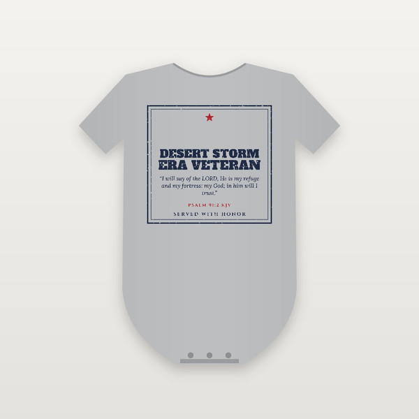 Desert Storm Era Veteran Baby One Piece with Psalm 91:2 (Vintage Frame) - Heather Gray