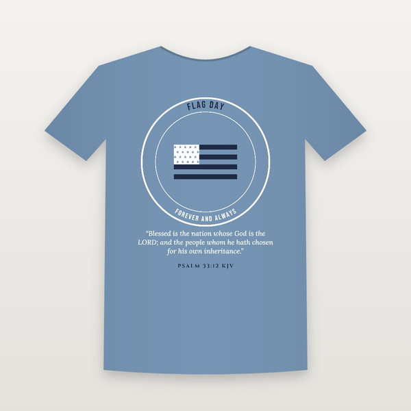 Flag Day Christian Short Sleeve Tee with Psalm 33:12 (Emblem Badge) - Heather Blue
