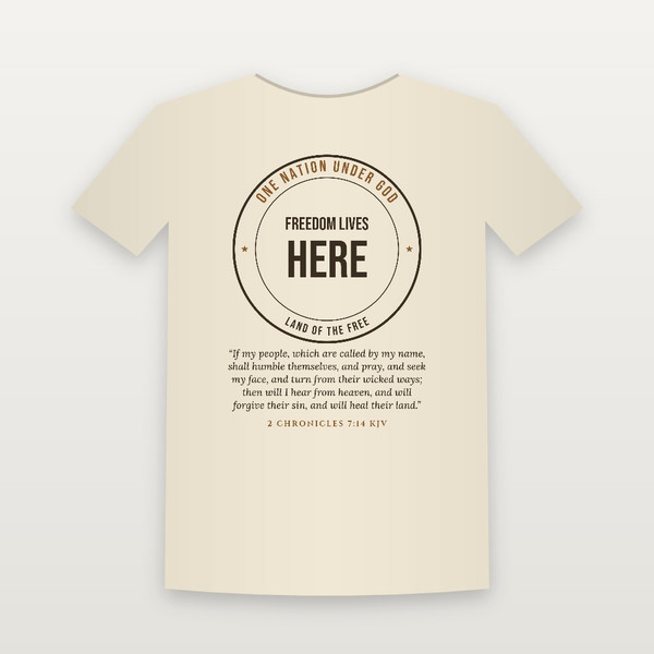Freedom Lives Here Patriotic Short Sleeve Tee with 2 Chronicles 7:14 (Badge) - Natural