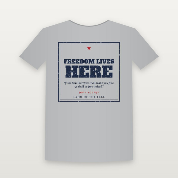 Freedom Lives Here Patriotic Short Sleeve Tee with John 8:36 (Vintage Frame) - Heather Gray