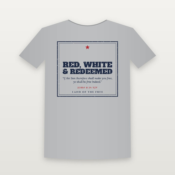 Red, White & Redeemed Patriotic Short Sleeve Tee with John 8:36 (Vintage Frame) - Heather Gray