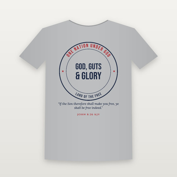 God, Guts & Glory Patriotic Short Sleeve Tee with John 8:36 (Badge) - Heather Gray