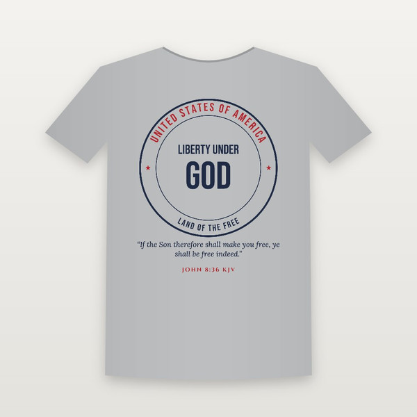 Liberty Under God Patriotic Short Sleeve Tee with John 8:36 (Badge) - Heather Gray