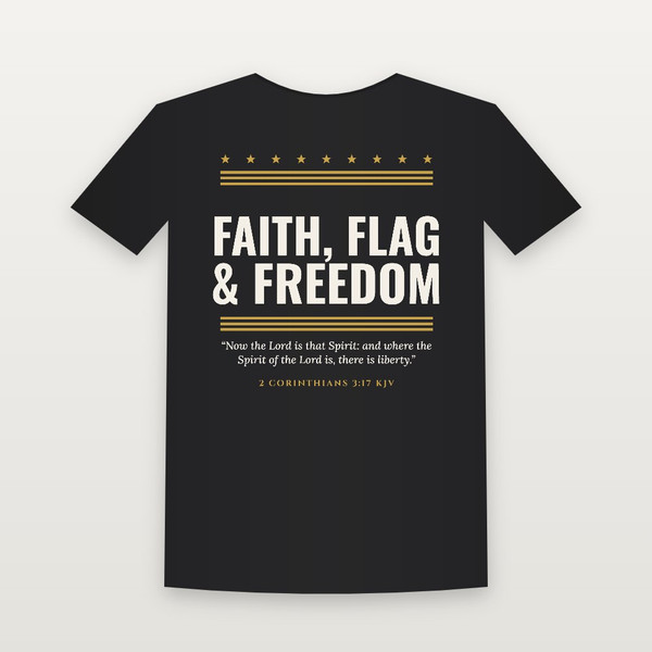 Faith, Flag & Freedom Patriotic Short Sleeve Tee with 2 Corinthians 3:17 (Stars & Stripes) - Black