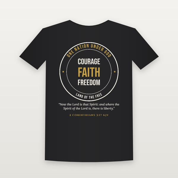 Courage · Faith · Freedom Patriotic Short Sleeve Tee with 2 Corinthians 3:17 (Badge) - Black