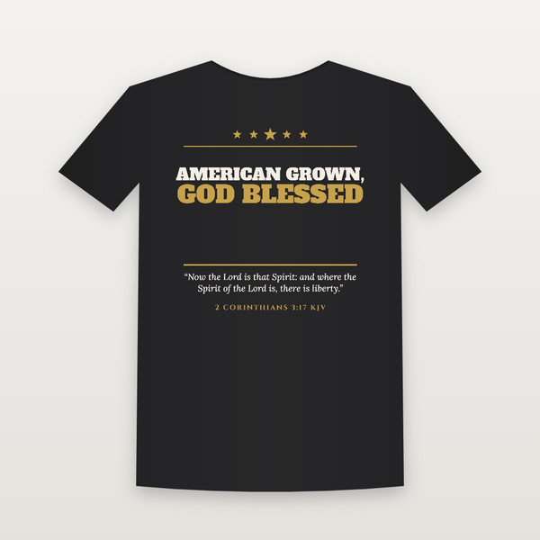 American Grown, God Blessed Patriotic Short Sleeve Tee with 2 Corinthians 3:17 (Star Banner) - Black