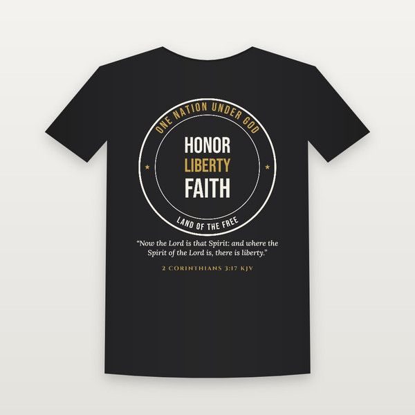 Honor · Liberty · Faith Patriotic Short Sleeve Tee with 2 Corinthians 3:17 (Badge) - Black