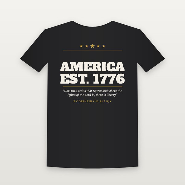 America · Est. 1776 Patriotic Short Sleeve Tee with 2 Corinthians 3:17 (Star Banner) - Black