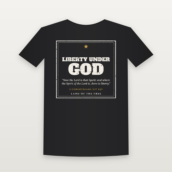Liberty Under God Patriotic Short Sleeve Tee with 2 Corinthians 3:17 (Vintage Frame) - Black