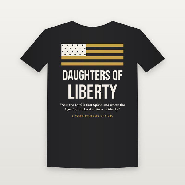 Daughters of Liberty Patriotic Short Sleeve Tee with 2 Corinthians 3:17 (Flag) - Black