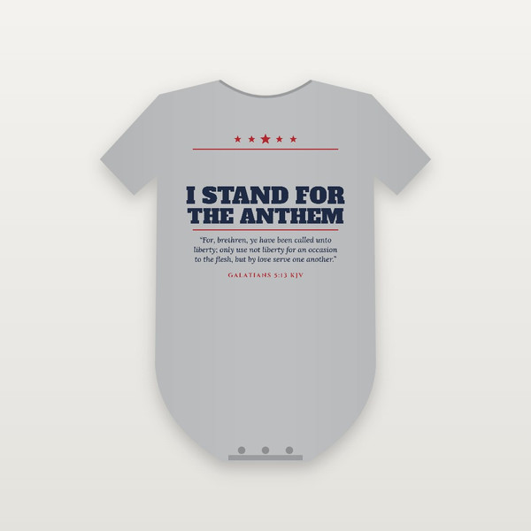 I Stand for the Anthem Patriotic Baby One Piece with Galatians 5:13 (Star Banner) - Heather Gray
