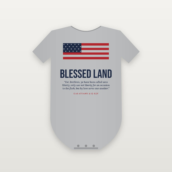 Blessed Land Patriotic Baby One Piece with Galatians 5:13 (Flag) - Heather Gray