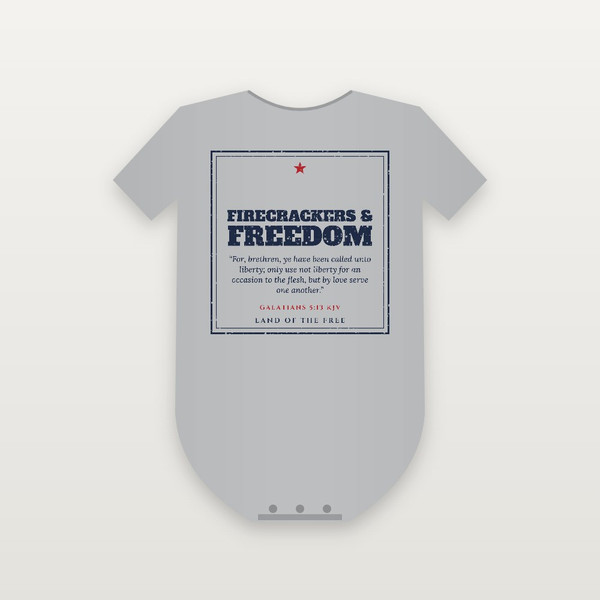 Firecrackers & Freedom Patriotic Baby One Piece with Galatians 5:13 (Vintage Frame) - Heather Gray