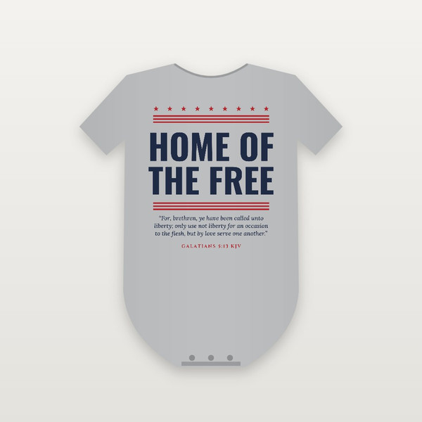 Home of the Free Patriotic Baby One Piece with Galatians 5:13 (Stars & Stripes) - Heather Gray