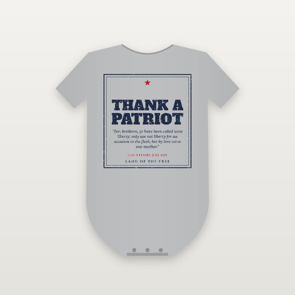 Thank a Patriot Baby One Piece with Galatians 5:13 (Vintage Frame) - Heather Gray