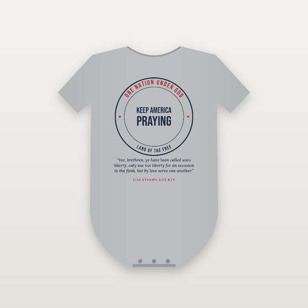 Keep America Praying Patriotic Baby Bodysuit with Galatians 5:13 (Badge) - Heather Gray