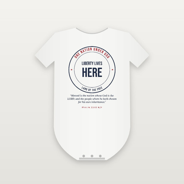 Liberty Lives Here Patriotic Baby Bodysuit with Psalm 33:12 (Badge) - White