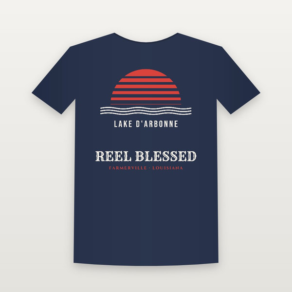 Reel Blessed · Lake D'Arbonne Women's Relaxed Tee (Retro Sunset) - Navy