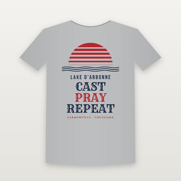 Cast · Pray · Repeat Lake D'Arbonne Women's Relaxed Tee (Retro Sunset) - Heather Gray