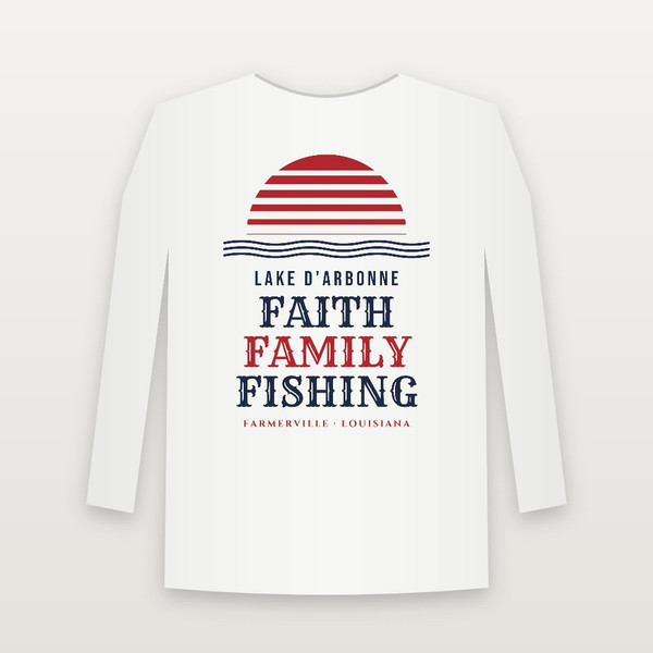 Faith · Family · Fishing Lake D'Arbonne Long Sleeve Tee (Retro Sunset) - White