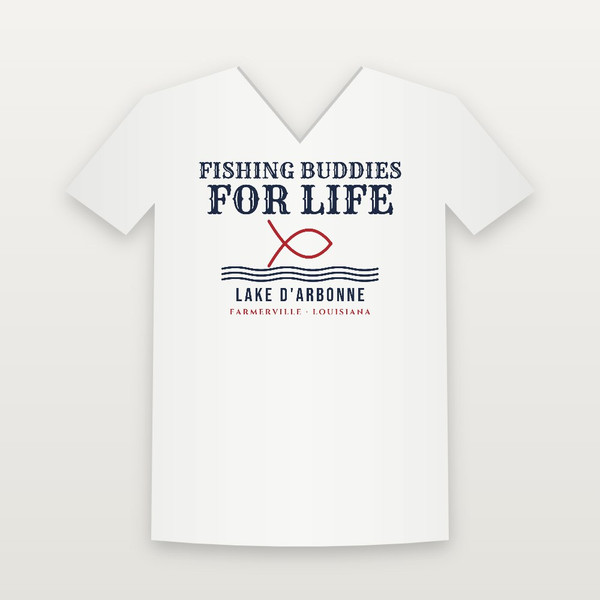 Fishing Buddies for Life Lake D'Arbonne V-Neck Tee (Fish & Waves) - White