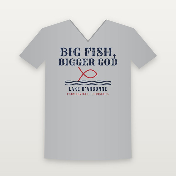 Big Fish, Bigger God Lake D'Arbonne V-Neck Tee (Fish & Waves) - Heather Gray