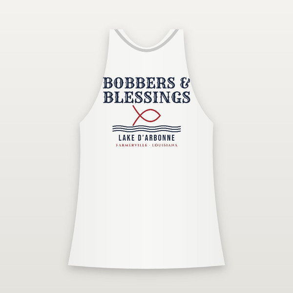Bobbers & Blessings Lake D'Arbonne Women's Racerback Tank (Fish & Waves) - White