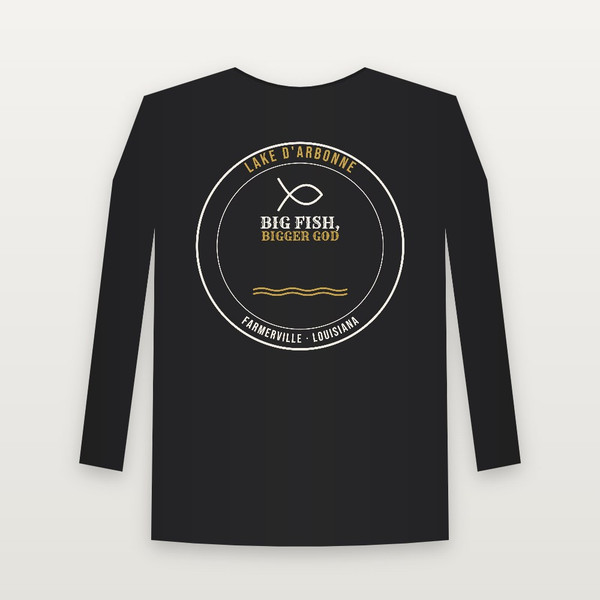 Big Fish, Bigger God Lake D'Arbonne Youth Long Sleeve Tee (Lake Badge) - Black