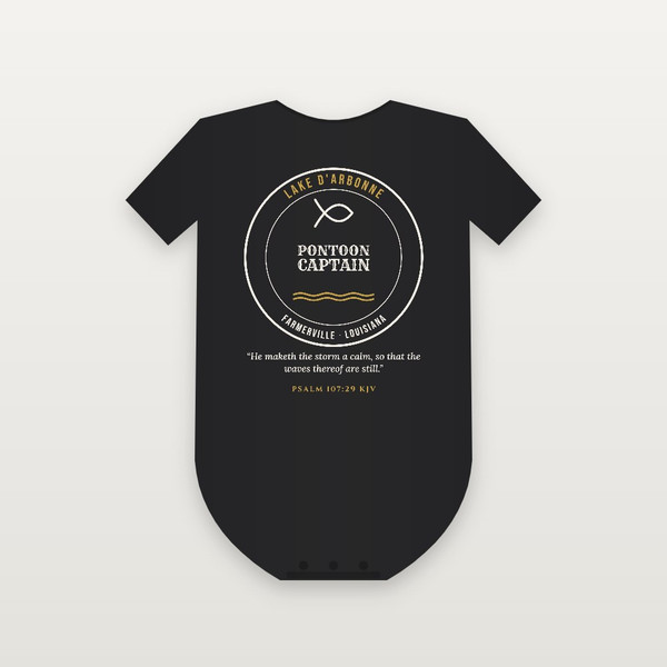 Pontoon Captain Lake D'Arbonne Baby Bodysuit with Psalm 107:29 (Lake Badge) - Black